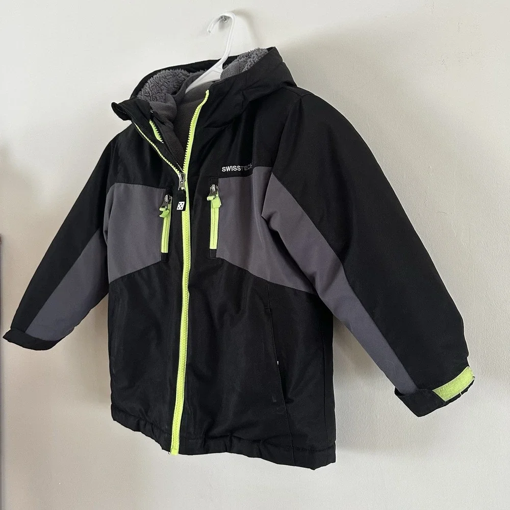 Swiss Tech Boys Black Small XS 4/5 Fleece Lined Hooded Jacket Coat Double Layer‎